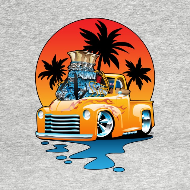 Classic American Hot Rod Pick-up Truck with Sunset Cartoon by hobrath